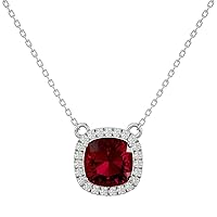 Certified Halo Birthstone Necklace in 10K White/Yellow/Rose Gold with 0.23 Ct Round Natural Diamond & 3.5 Ct Cushion Solitaire Gemstone Pendant Necklace for Women | Birthstone Jewelry for Her
