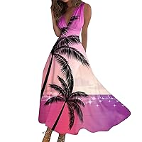 Sundresses for Women 2024 Sleeveless Deep V Neck Maxi Dress Trendy 2024 Floral Print Flowy Beach Dress