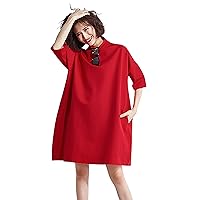 Women's Casual Oversized Loose Fit High Neck T-Shirt Top Midi Dress with Pocket