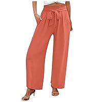 Women's Summer 2024 Casual Palazzo Pants Loose Fit Tie Up High Waisted Flowy Lounge Beach Trousers Wide Leg Pants