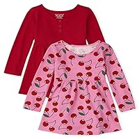 The Children's Place Baby Toddler Girl Long Sleeve Cherry Print and Solid Henley Knit Babydoll Dress 2-Pack