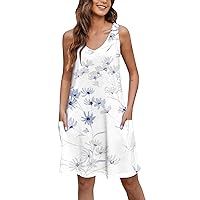 Womens Summer Clothes 2024 Bohemian Dress for Women 2024 Summer Fashion Print Pretty Slim Fit Dress Sleeveless V Neck Dresses with Pockets White XX-Large