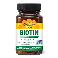 Country Life Biotin 1mg Supports Healthy Hair, Skin & Nails, 100 Tablets, Certified Gluten Free, Certified Vegan, Certified Halal, Non-GMO Verified