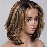 Honey Blondle Highlight Short Bob Wavy Human Hair Wigs Pre Plucked HD Transparent 13X4 Lace Front Wigs Bleached Knots 4/27 Ombre Color Brazilian Remy Hair Glueless Bob Wigs 150% Density 10Inch