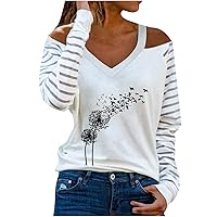 Women's Christmas Cold Shoulder Long Sleeve T-Shirts V Neck Tops Casual Shirt Classic Fit Slouchy Pullover Blouse