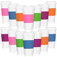 15 Pieces Reusable Coffee Cups with Lids and Sleeves 16 oz Reusable Mug Travel Cups Bulk Plastic Tumblers Cup with Lids and Silicone Protector Cover for Hot Cold Drinks (Fresh Color)