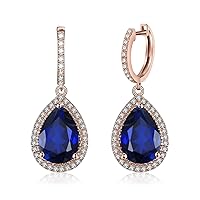 JewelryPalace Luxury Pear Cut 12.4ct Created Blue Sapphire Halo Dangle Earrings for Women, 14k Gold Plated 925 Sterling Silver Earrings, Gemstone Earrings Jewellery Sets