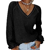 Women's V Neck Long Sleeve Lace Pullover Sexy Casual Slouchy Sweaters Patchwork Comfy Knit Pullover Sweater Tops