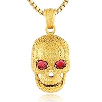 Punk Rock Stainless Steel Red-Eyed Skull Pendant Necklace for Men Women, Silver/Gold, 24 inches Chain