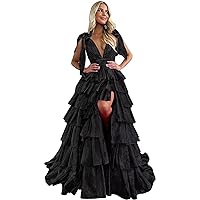 Women's Tiered Tulle Prom Dresses Long Ruffles Ball Gown V Neck A-Line Formal Evening Party Gowns with Slit