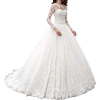 Tsbridal Women's Lace Appliques Long Sleeves Wedding Dresses Tulle Boho Bridal Gowns 2024