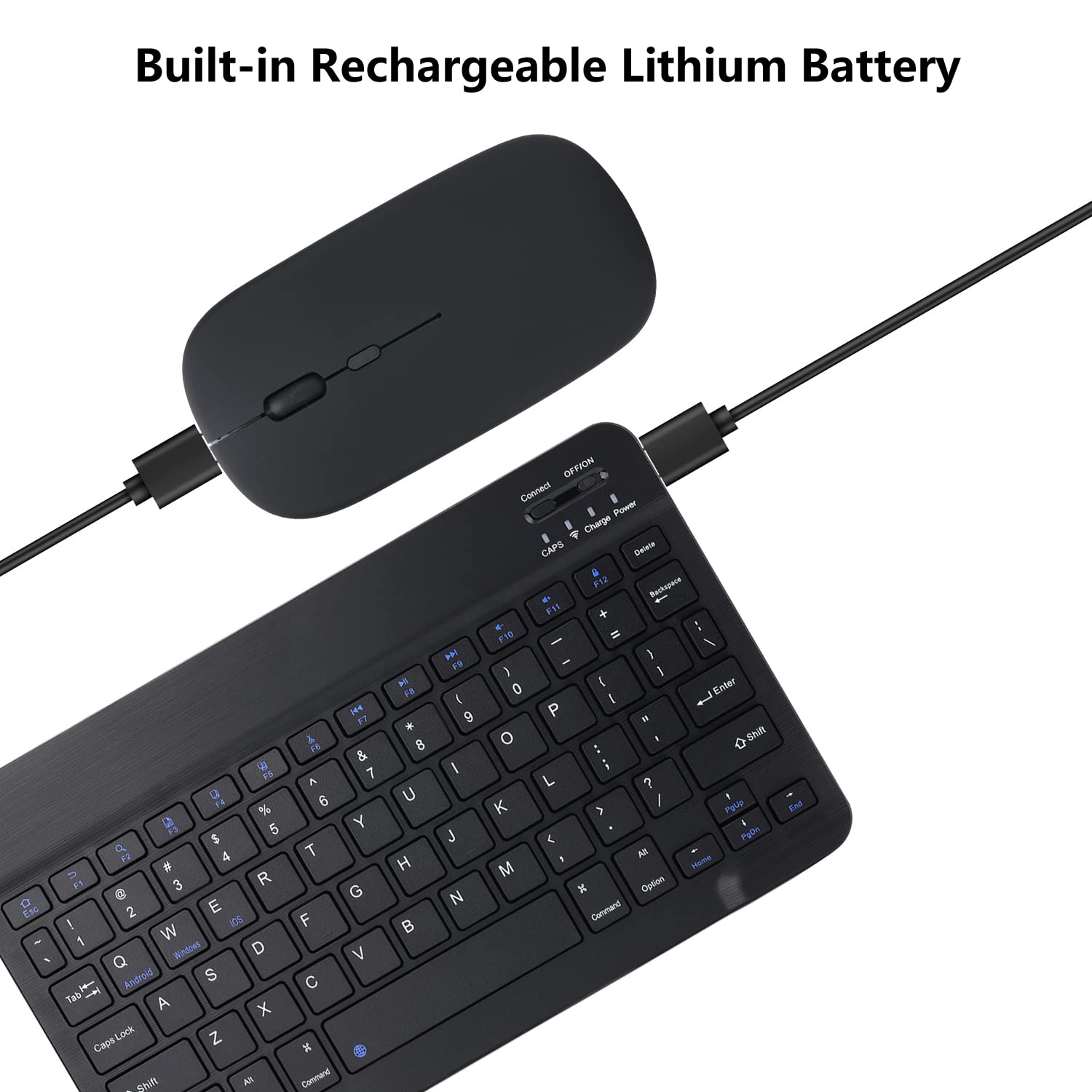 Rechargeable Bluetooth Keyboard and Mouse Combo Ultra-Slim Portable Compact Wireless Mouse Keyboard Set for Android Windows Tablet Cell Phone iPhone iPad Pro Air Mini, iPad OS/iOS 13 and Above (Black)