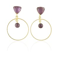 Guntaas Gems Designer Drop Dangle Earrings Purple Amethyst Gemstone Brass Gold Plated Round Screw Earrings