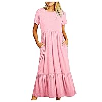 Eyelet Embroidery Maxi Dress Women's Ruffle Hem High Waist A-Line Dress Summer Casual Flowy Beach Dress with Pockets