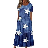 American Flag Dress Women Summer Casual Fashion Independence Day Printed Short Sleeve Round Neck Pocket Dress