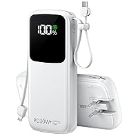 Portable Charger, Power Bank, 15000mAh Battery Pack Fast Charging Lightweight, Built-in AC Wall Plug and 2 Output Cables with LED Display for iPhone15 14 13 12 11 Samsung iPad etc(White)