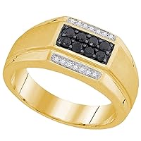 The Diamond Deal 10kt Yellow Gold Mens Round Black Color Enhanced Diamond Rectangle Cluster Ring 3/8 Cttw