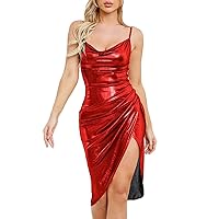 African Dresses for Women,Women's Shiny Shiny Dress Crew Neck Skinny Strap Ruffled Tight Cocktail Party Nightcl