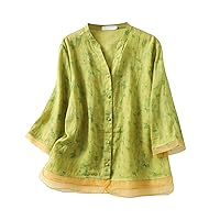 Crew Neck Cotton Linen Button-Down Shirts Tops for Women Loose Fit Casual Long Sleeve Vintage Blouse with Pocket