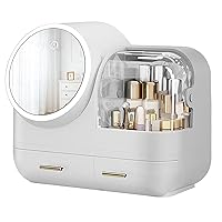 YXYH Cosmetic Organizer with Fan and 360° Rotating LED Mirror 3 Color Adjustable Standing Countertop Multifunctional Makeup Storage Box ( White)