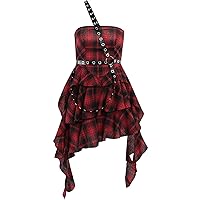 TSMNZMU Womens Punk Red Plaid Mini Dress Y2K High Waist Sleeveless Dresses Mall Goth Grunge Emo Dress for Party Club
