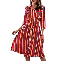 Women Long Boho Dress Striped Multi-Color Loose Button with Belt Pockets Tropical Island Beach (XL, Red)