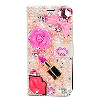 Crystal Wallet Case Compatible with iPhone 14 Pro Max - Bow Flower Lipstick Lips - Pink - 3D Handmade Glitter Bling Leather Cover with Screen Protector & Neck Strip Lanyard