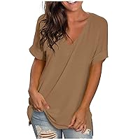 Women's Short Sleeve T Shirts V-Neck Tunic Tops Loose Casual Summer Tee Plus Size Blouses Crewneck Basic T-Shirt