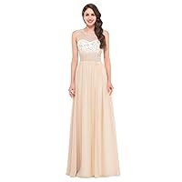 Champagne Embroidered Illusion Neck A Line Long Evening Dress