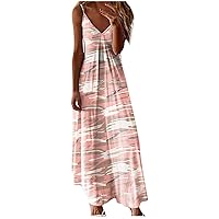 Summer Casual Long Maxi Dress for Women V Neck Spaghetti Strap Sleeveless Camouflage Leopard Print Dress Boho Beach Sundress