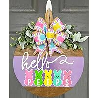 Easter Door Decorations Bunny Decor, Easter Bunny Welcome Wreath Sign for Front Door, Wooden Door Hangers Wreath with Bow for Easter Decorations for the Home Party Supplies (Hello Peeps)