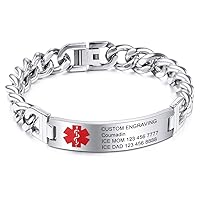 Alert Bracelet Custom Engraved, 7-9 Inches, Identification Allergy Life Medic Name ID for Men Women Stainless Steel Chain Bracelets - (Bundle with Emergency Card, Holder)