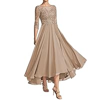 Women's Lace Mother of The Bride Dresses Ruffles 3/4 Sleeves Formal Dress Scoop