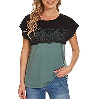 Summer Tops for Women 2024 Elegant Lace Splicing Tunic Tops Color Block Crewneck Loose Fitting Tee Shirts Blouse