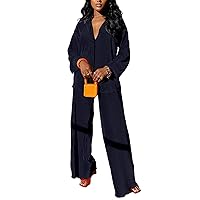 kaimimei Casual 2 Piece Outfit for Women - Linen Long Sleeve Button Down Shirt + Flare Pleated Wide Leg Pants Sets Streetwear