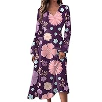 Women's 2024 Fall Midi Dress Casual Long Sleeve V Neck Floral Printed A Line High Waist Dress for Women