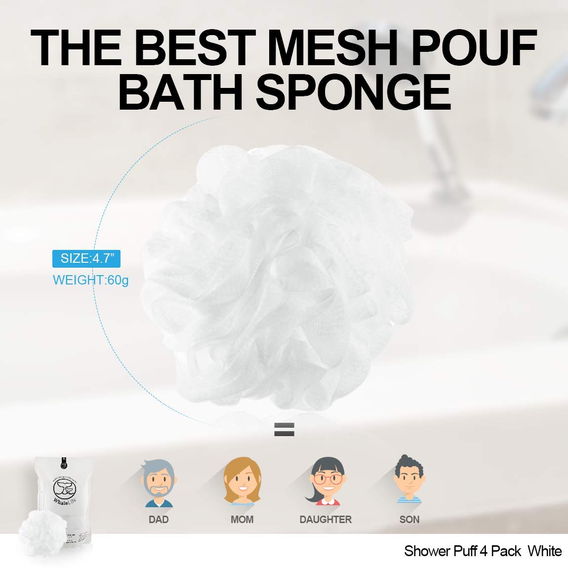 Loofah Sponge Bath Sponge for Women Men 4 Pack (White)