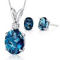 PEORA 14K White Gold London Blue Topaz Pendant and matching Earrings - Oval Shaped London Blue Topaz Diamond Pendant 3 Carats + Oval Shaped London Blue Topaz Stud Earrings 2 Carats