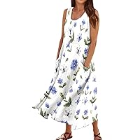 Long Summer Dresses for Women 2024 Fashion Casual Solid Colour Sleeveless Dress with Pockets