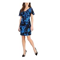 Connected Apparel Womens Navy Stretch Floral Short Sleeve V Neck Above The Knee Cocktail Sheath Dress Petites 4P