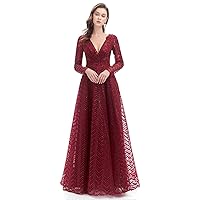 Long Sleeves Lace Evening Dresses Women's V Neck Crystal Bead Formal Gowns Prom Dress