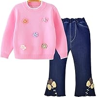 Peacolate 3-8Years Little Girls Winter 2pcs Clothing Set Long Sleeve Thicken Velvet Sweater and Blue Jeans