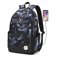 Geometric-Print School Backpack for Teen Boys Laptop Bookbag with USB Charging Port Kids School Bag for Elementary Black Blue