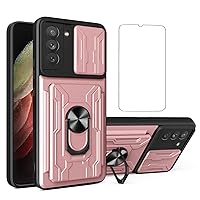 Galaxy S21 FE 5G Case,Designed for Samsung S21FE Phone Cases with Screen Protector Detachable Card Holder Slot Ring Kickstand Military Grade Heavy Duty Shockproof Protective Cover Women 6.4