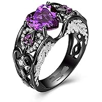 Heart Cut Created Purple Amethyst & Diamond Angel Wings Engagement Wedding Ring For Women's 14k Black Gold Plated 925 Sterling Silver