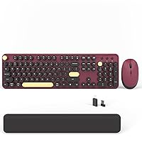 Wireless Computer Keyboards Mouse Combos, COVEVA Colorful Typewriter Retro Keyboard with Round Keycaps, USB Keyboard and Mouse Set 2.4GHz Full-Size Wireless Keyboard and Optical Mouse（Black-Claret）