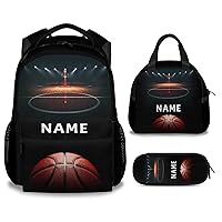 Custom Basketball Backpack with Lunch Box And Pencil Case, Personalized Elementary Kindergarten School Preschool Bookbag for Boys Girls Kids, Set of 3