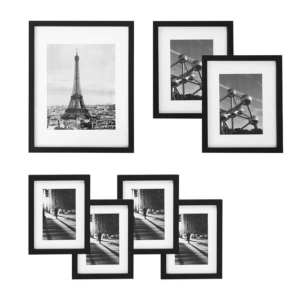 SONGMICS Picture Frames Set of 7 Pieces, One 11 x 14 Inches, Two 8 x 10 Inches, Four 6 x 8 Inches, with White Mat Real Glass, for Multiple Photos, ...