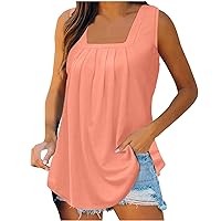 Womens Tank Tops Square Neck Sleeveless Tunic Blouses Pleated Flowy T Shirts Floral Print Loose Summer Shirts