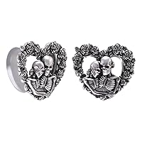 COOEAR Heart Ear Plugs Stainless Steel Tunnels Flared Shape Gauges Skull Stretcher Expander Earrings Size 0g to 1 inch.